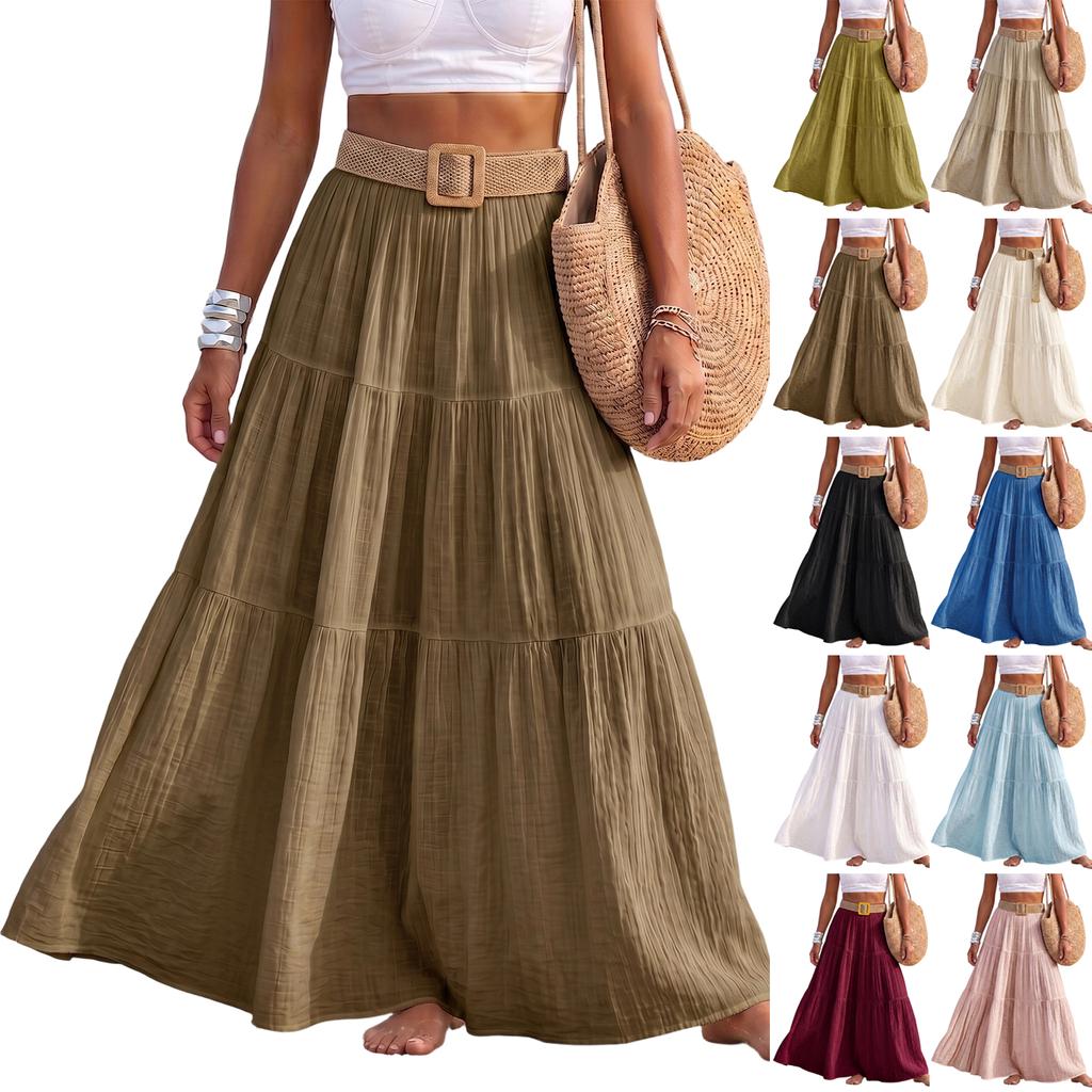 Women Fashion Solid Elastic Waist Patchwork Tiered Maxi Skirt Holiday Beach Linen Blend Casual Long Skirt with Belt