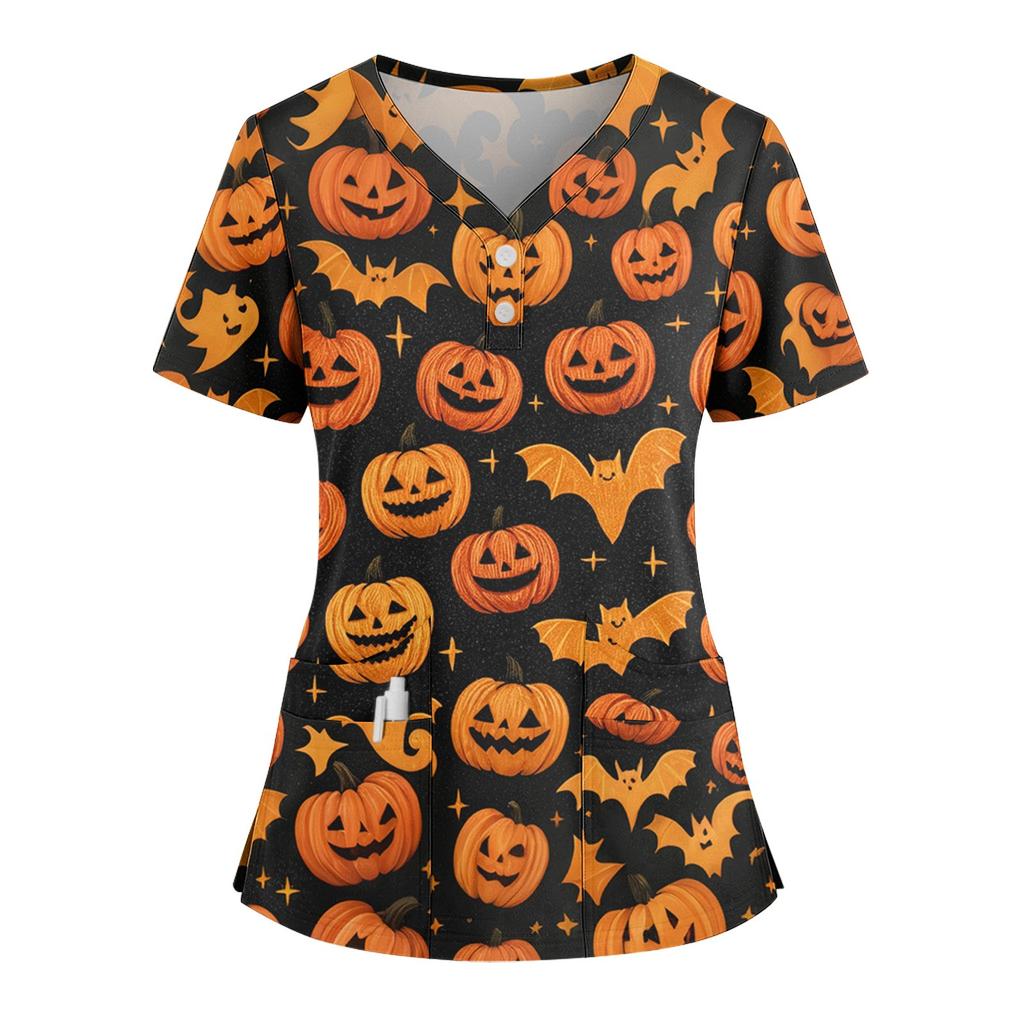 Dámské volné tričko s krátkým rukávem, módním halloweenským potiskem, výstřihem do V, zapínáním na knoflíky a bočním rozparkem