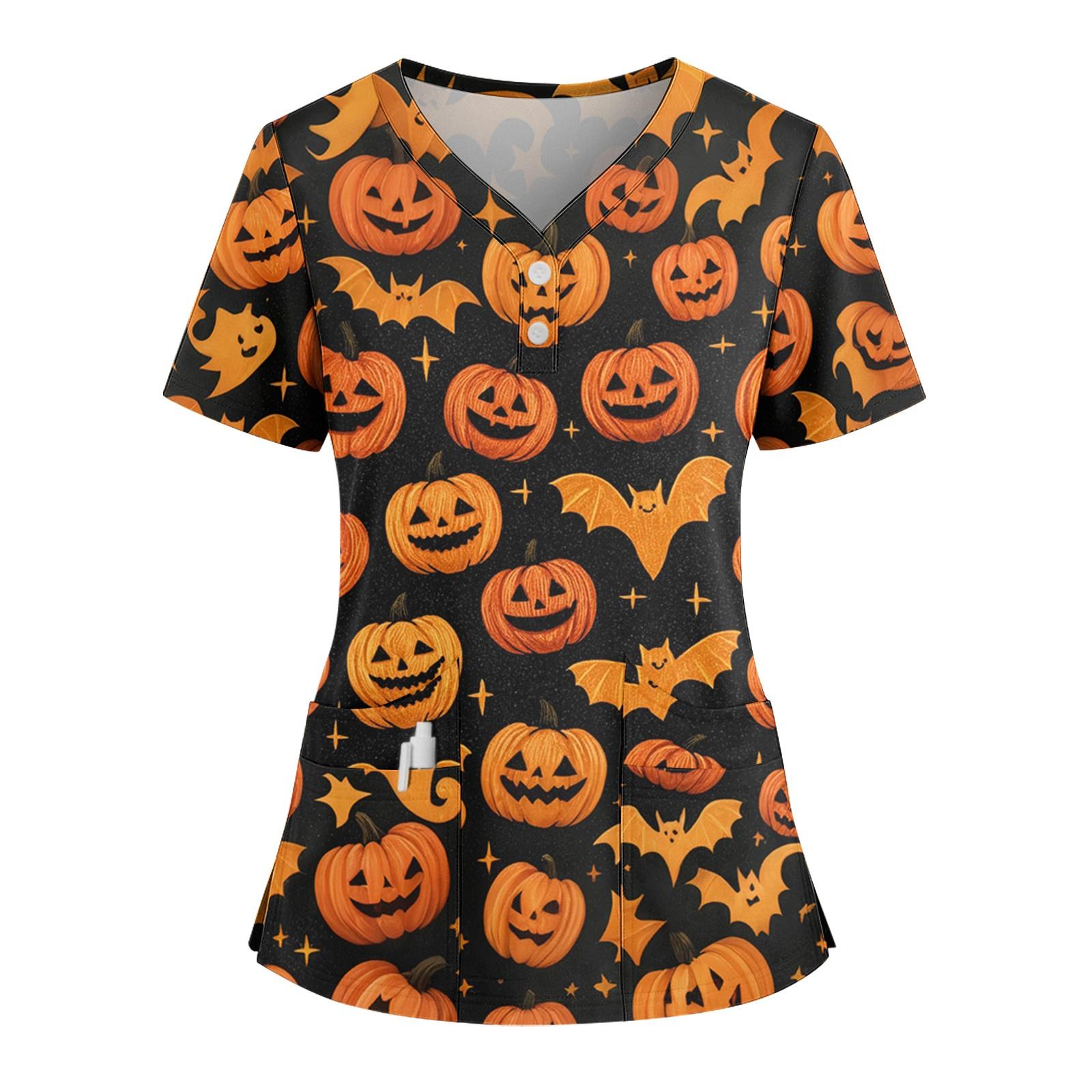 

Женская свободная футболка с коротким рукавом, модным принтом на Хэллоуин, V-образным вырезом, застежкой на пуговицы и боковым разрезом XXL чёрный