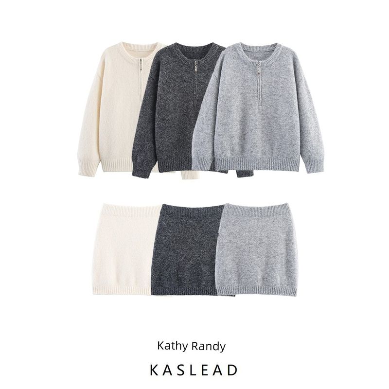 Kaslead New Women Clothes Western Style Round Neck Half Zipper Pullover Knit Sweater Short Skirt Sets