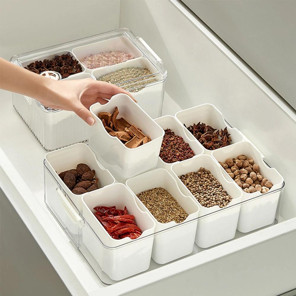 Food Serving Tray with 8 Small with Removable Boxes Spice Storage Jars Seasoning box for Fridge Fruit&Veggie Container with Lid