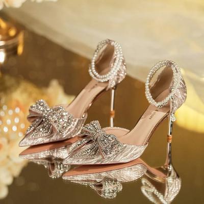 Summer Luxury Women's High Heel Sandals Rhinestone Butterfly Pearl Champagne Party Wedding Shoes Birthday High Heels
