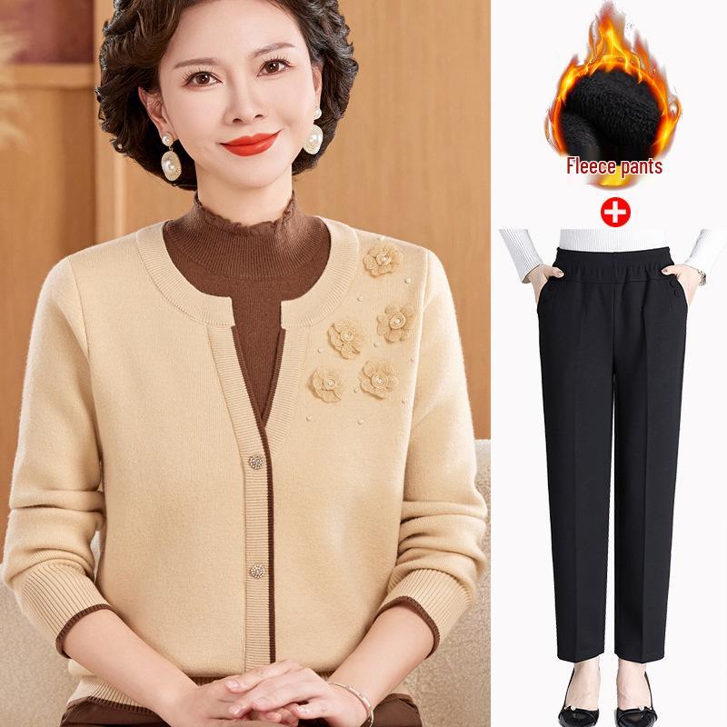 Mom's Stylish Winter Two-Piece Look Warm Base Layer Shirt for Middle-Aged & Elderly Women, Fleece-Lined Thickened Sweater
