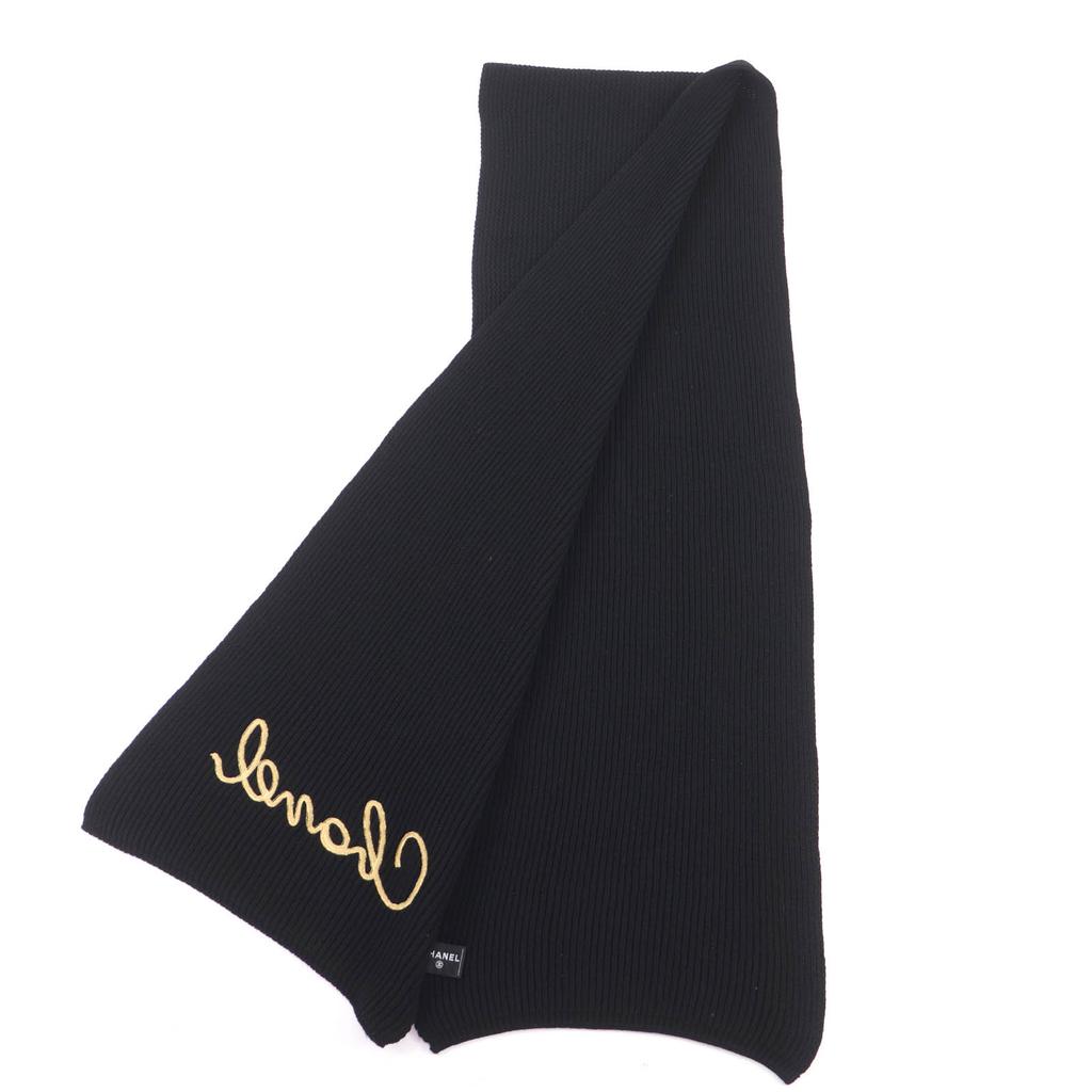 Great CHANEL Scarf Embroidered Handwritten Logo Sequin Knit Black Cashmere 22A Used