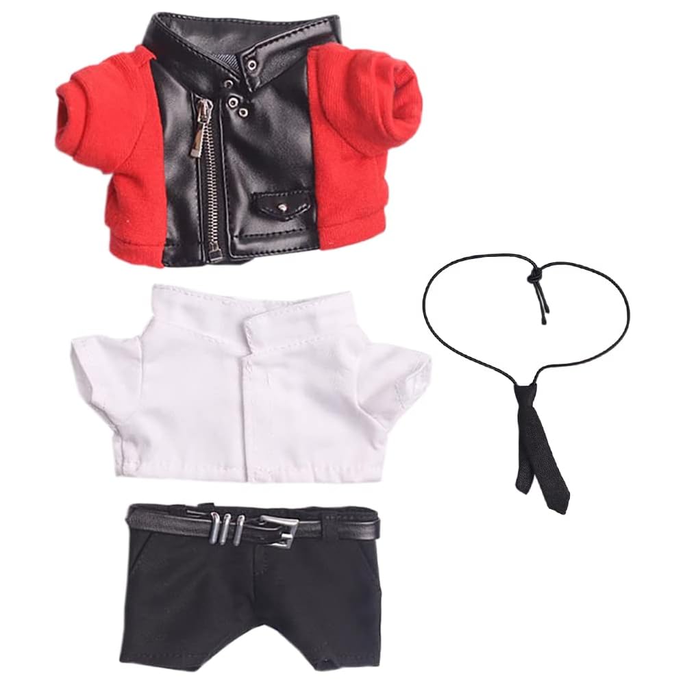 

niannyyhouse 20cm Doll Clothes Plush Suit Leather Jacket White Shirt Tie Pants Cotton Outfit Red