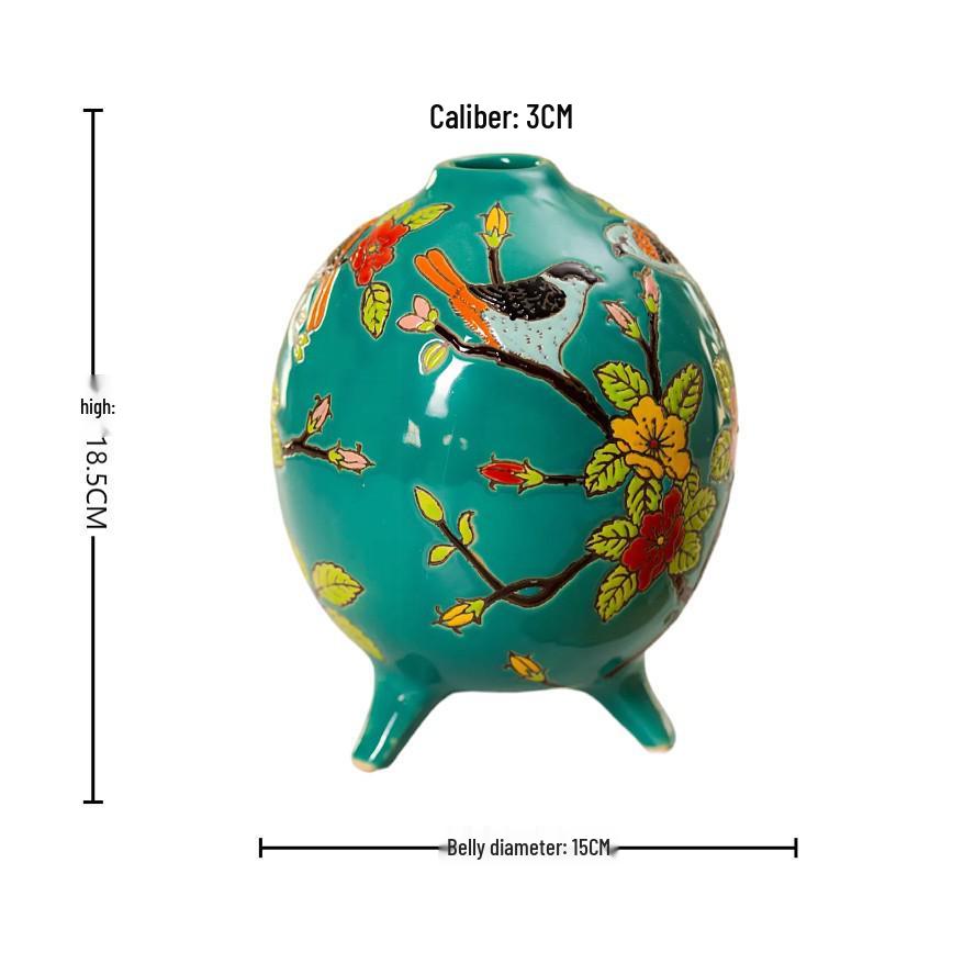 Green Ceramic Flower & Bird Vase for Home Decor