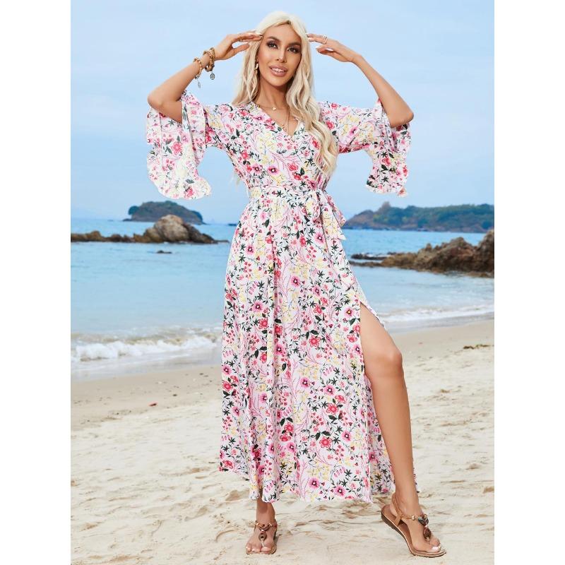 Women's Summer Ruffle Splicing Irregular Half Sleeve V-Neck Tie Split Dresses