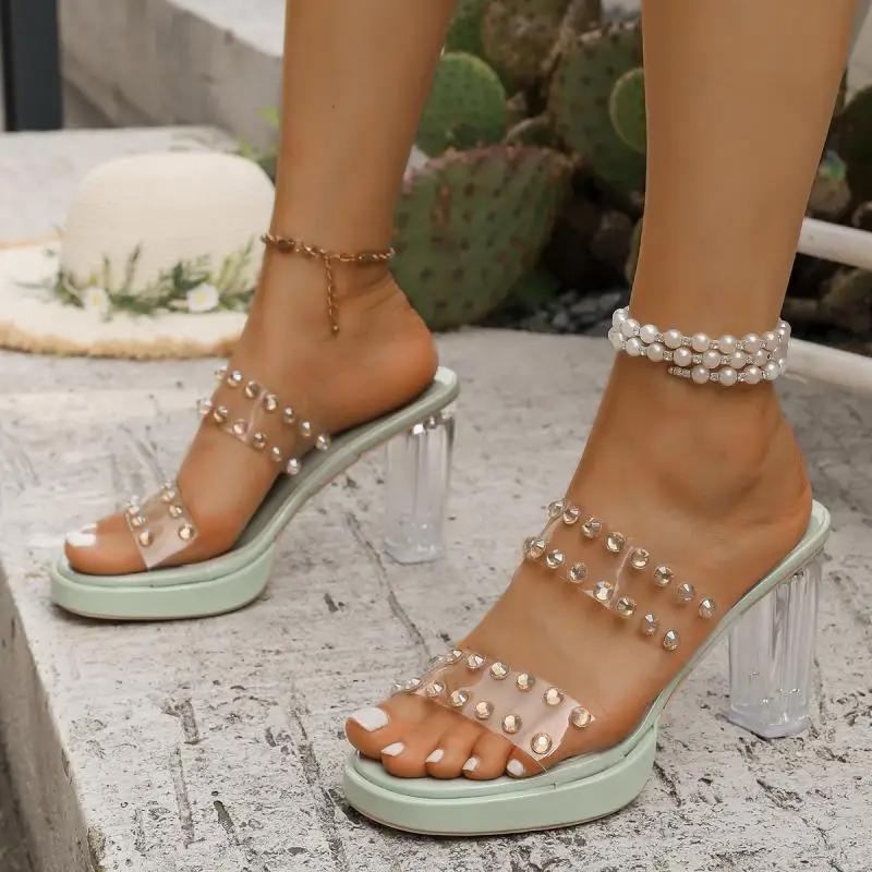 Luxury Glitter Transparent Pvc Strap Slides Women 2025 Summer Super High Clear Heel Slip On Sandals Sexy Party Dress Shoes