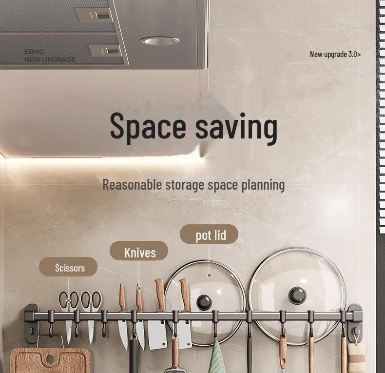 Raft de bucătărie fără găuri cu cârlige din aluminiu pentru spatule și linguri