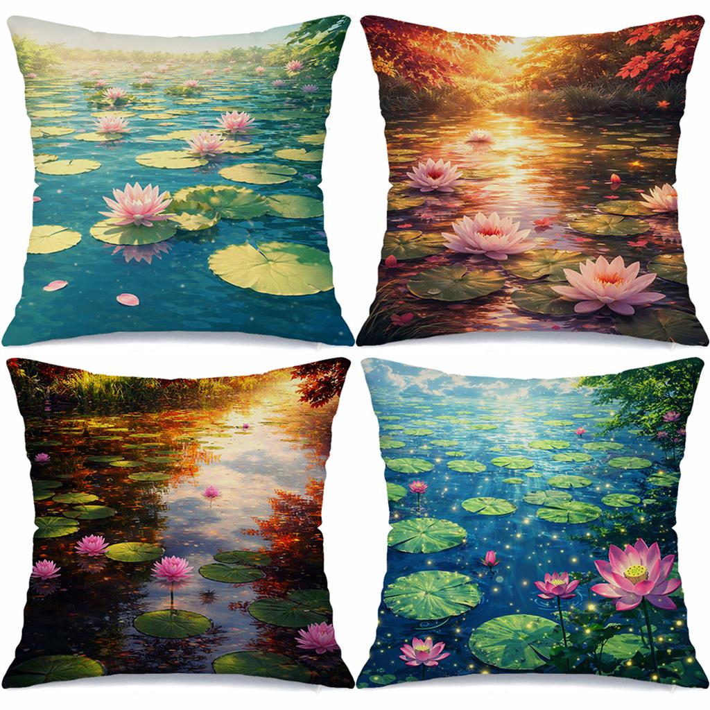 Water Lily Pond Theme Digital Printing Pillow Cover Short Plush Suitable Living Rooms Bedrooms Sofas Throw Cushion Cover 4Pcs