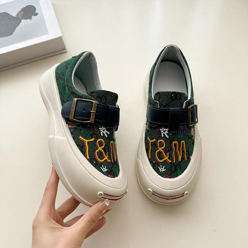 

Импортные товары, большой размер, граффити, персонализированные холщовые туфли, женская весна 2025, новая обувь с круглым носком, толстая подошва, модные женские туфли 40 зелёный