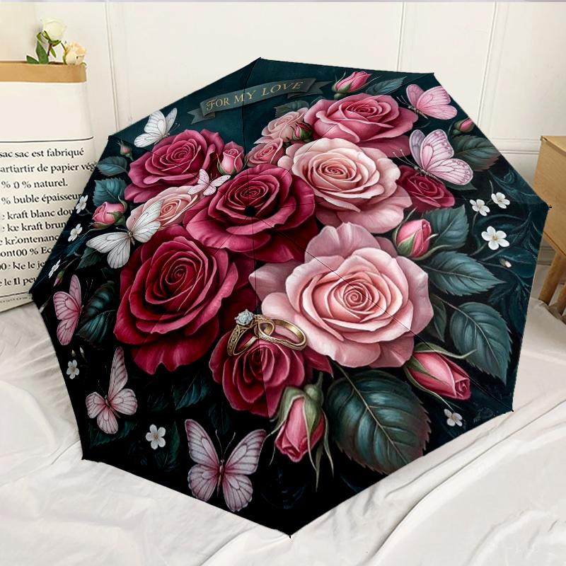Roses And Berries Design 8-Frame for Travel, Camping, Casual Lightweight Portable Umbrella, Essential for Every Family Holidays Birthday Gift