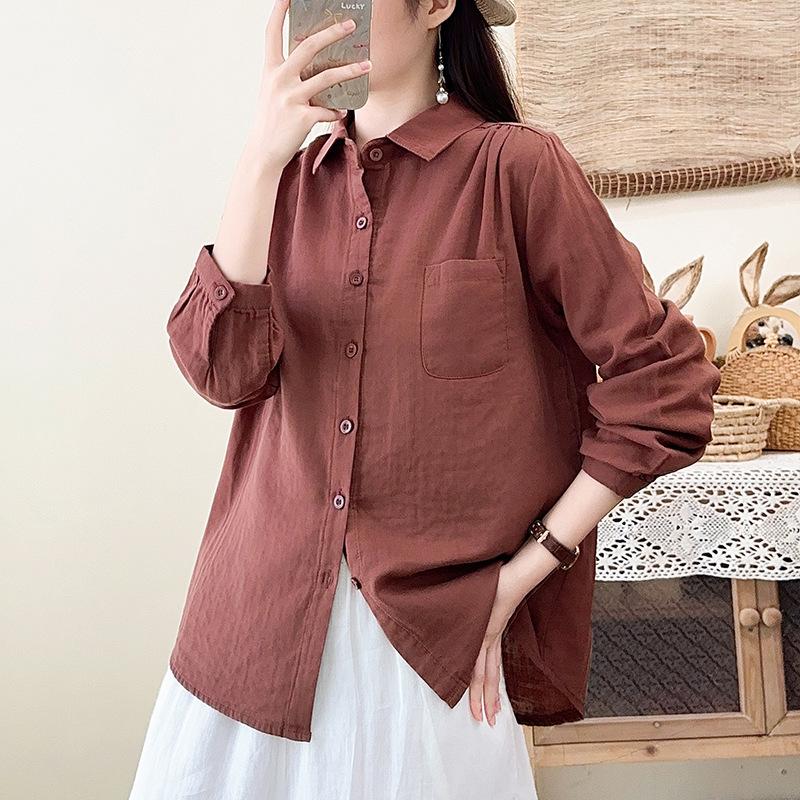 Spring and Autumn New Cotton Double-layer Cotton Yarn Long Sleeve Shirt Women's Versatile Skinny Simple Literary Japanese Retro Style Shirt