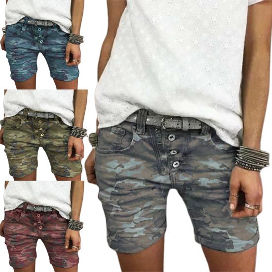 High Waist Camouflage Print Women Shorts All-matched Stretchy Buttons Denim Shorts Streetwear