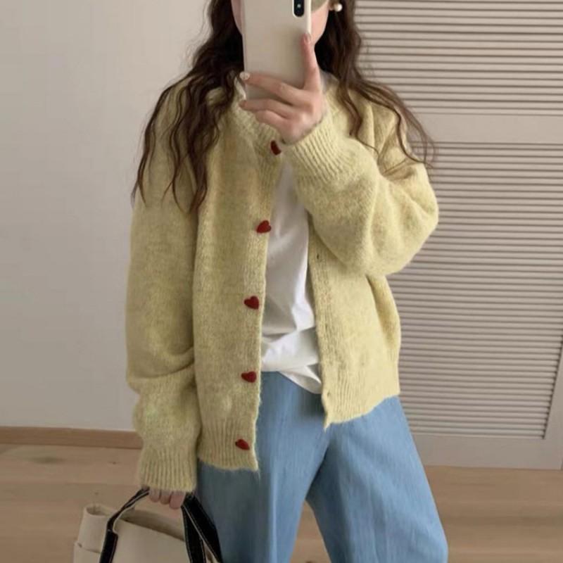 Womens Cute Heart Button Knit Cardigan Loose Fit Round Neck Sweater Fall Winter