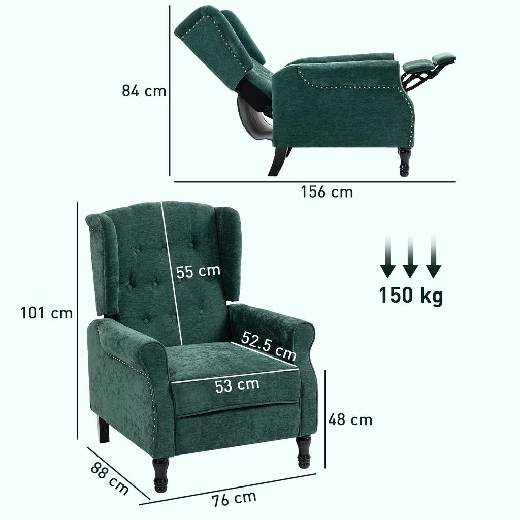 150 Degrees Reclining Vintage Armchair, with Footrest - Dark Green