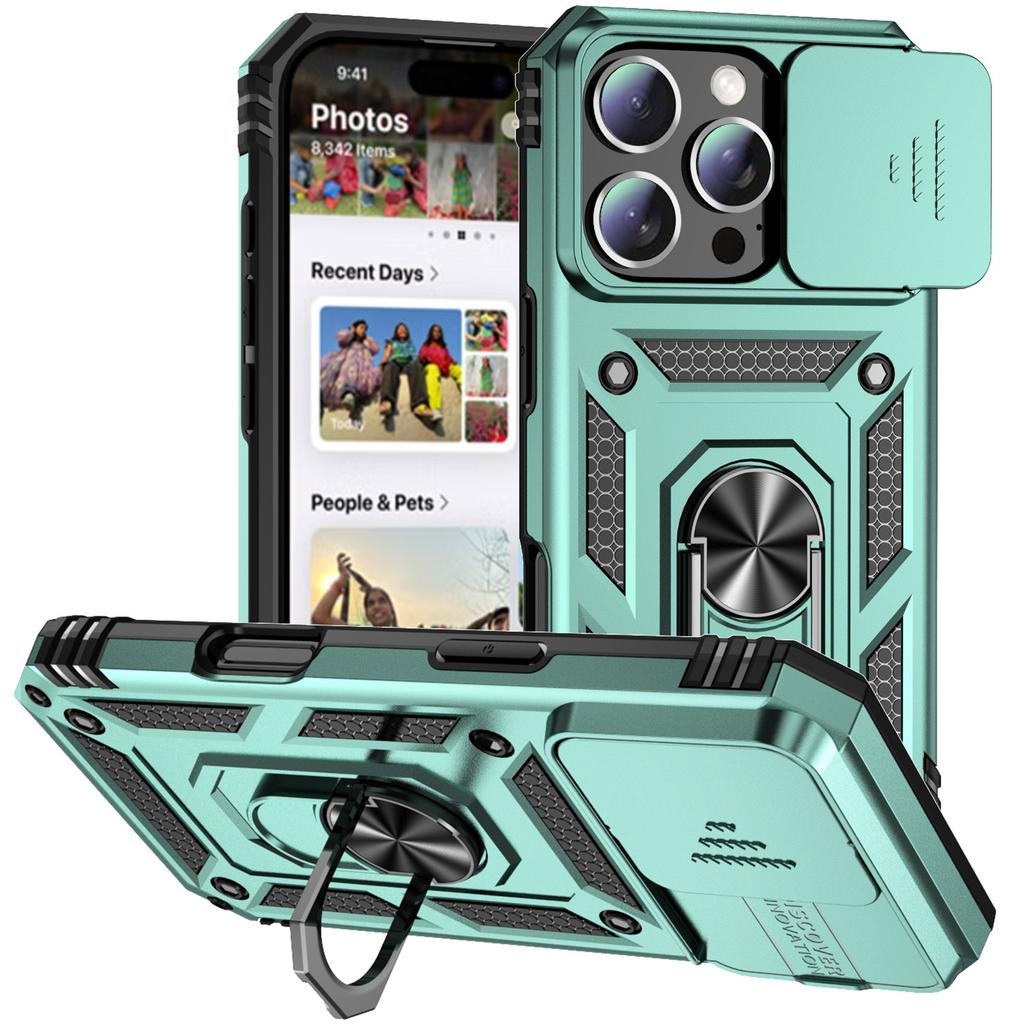 Ring Stand Rotating Slide Camera Lens Military Grade Armor Case for iPhone 16 14 13 12 11 15 Pro Max 16 Plus 13Mini 12Mini Cover