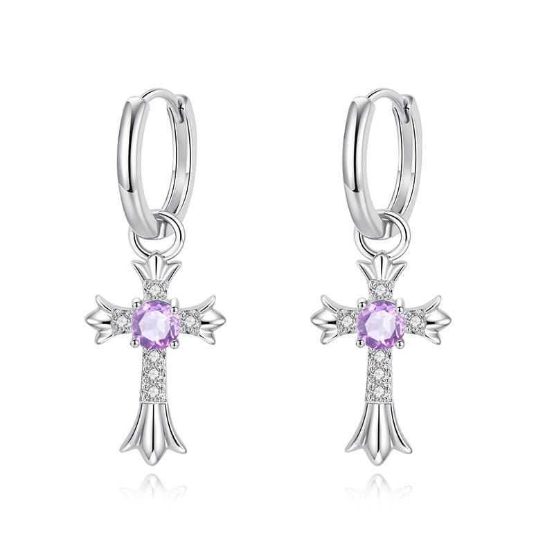S925 Sterling Silver Cross Hoop Earrings Vintage Colorful Gemstone Dangle Jewelry for Women 925 silver
