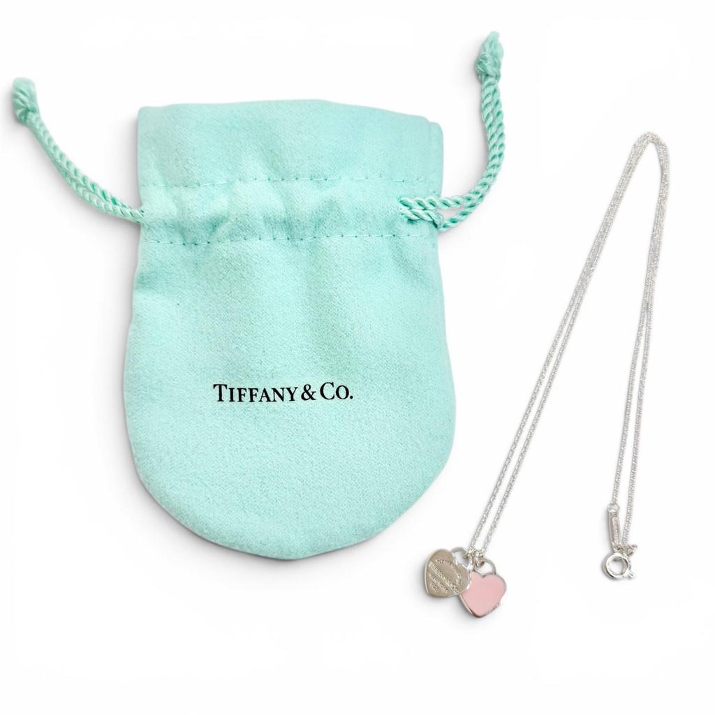 Excellent TIFFANY&Co. Necklace Pink Double Heart Tag Pendant Silver 925 Women Used
