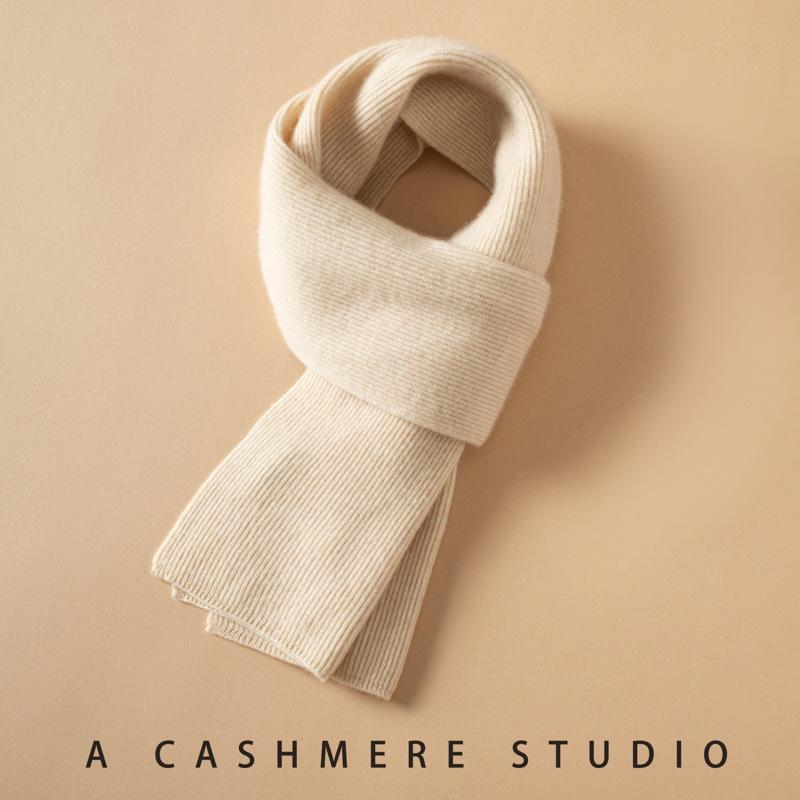 Unisex Pure Cashmere Ribbed Knit Scarf - Versatile Solid Color Shawl