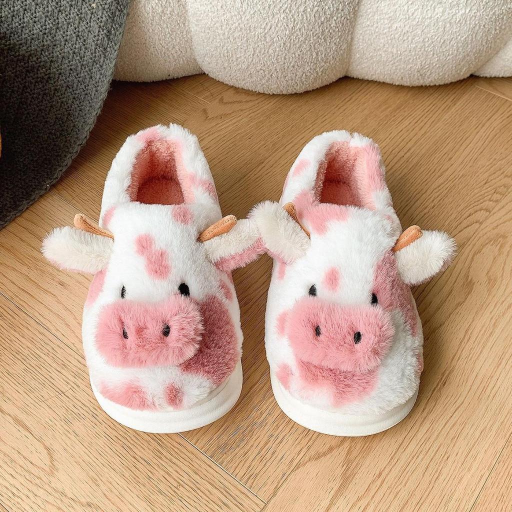 Cartoon Cow Furry Slippers with Thickened Heel, Warm Non-Slip Indoor Winter Clogs