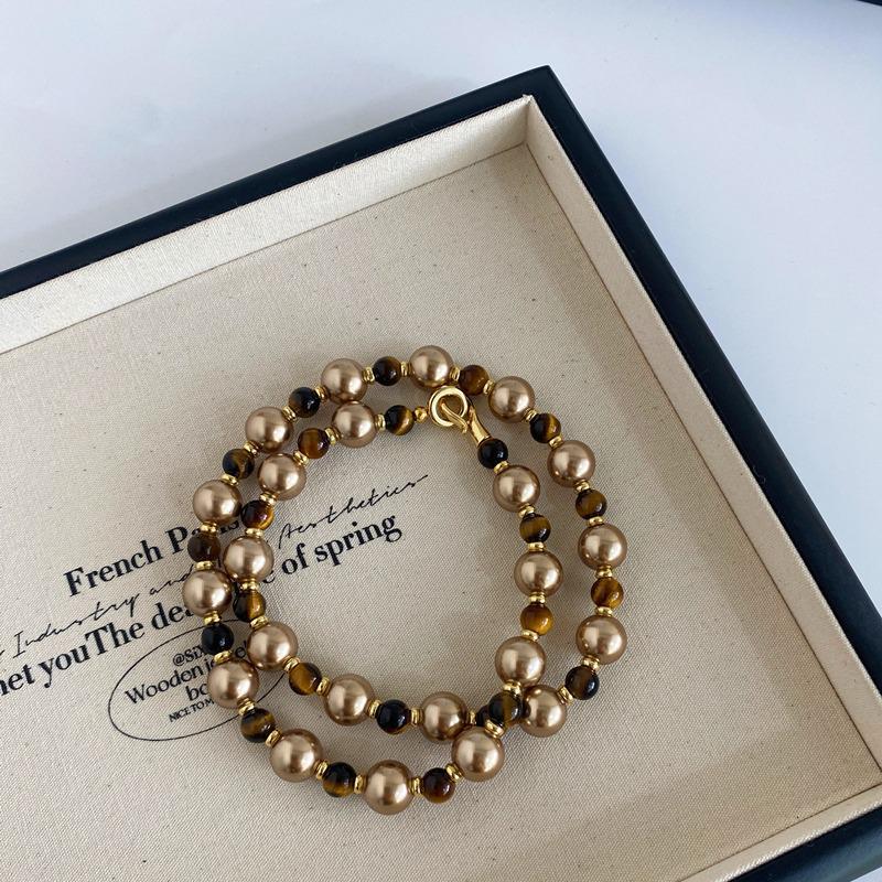 

Осень-Зима Ожерелье из тигрового глаза Myllard цвета мокко, золотисто-коричневого жемчуга – Роскошная цепочка для свитера для женщин Handmade