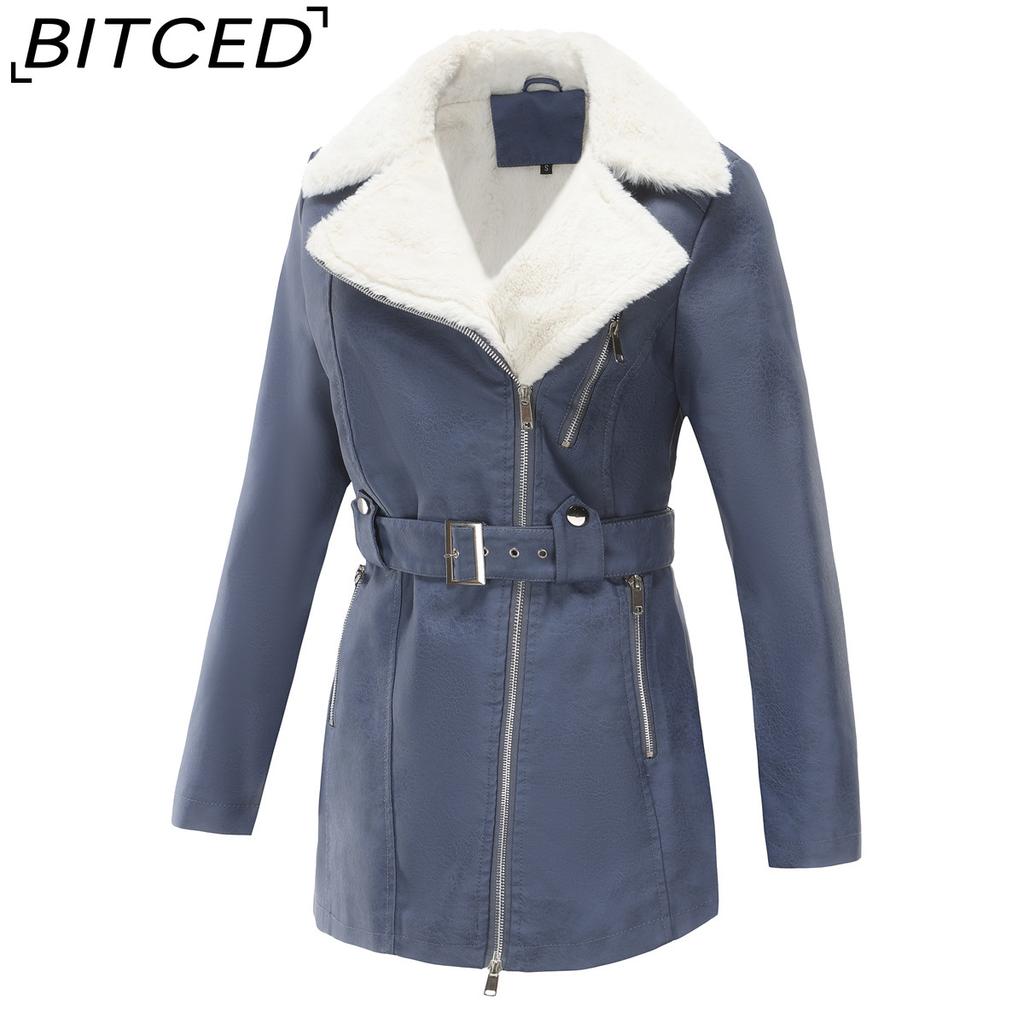 BITCED Autumn/Winter Long-Sleeved Fleece-Lined Leather Jacket for Women with Lapel Collar, Double-Ended Zip and Belted Waist for Warmth