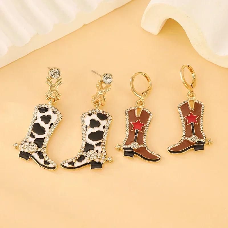 Western Cowboy Red Star Cow Pattern Boots Enamel Stud Earrings for Women Party Fashion Jewelry Minimalist Accessories Wholesale