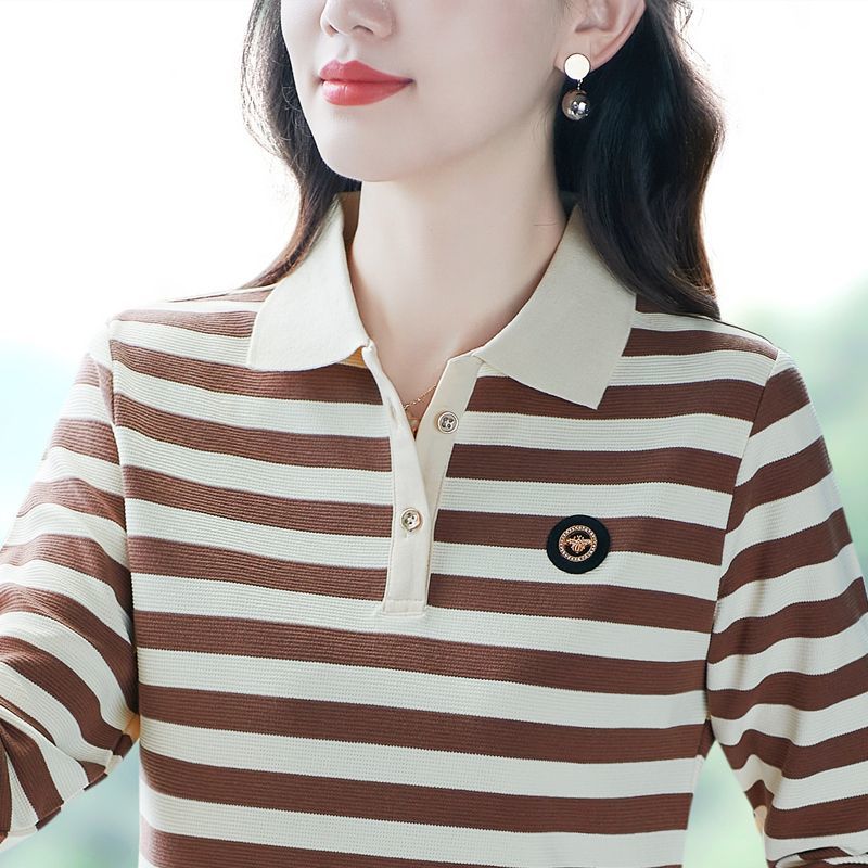 Cotton Fashion Casual Striped Slimming Top New Versatile POLO Temperament Lapel Thin Long Sleeved