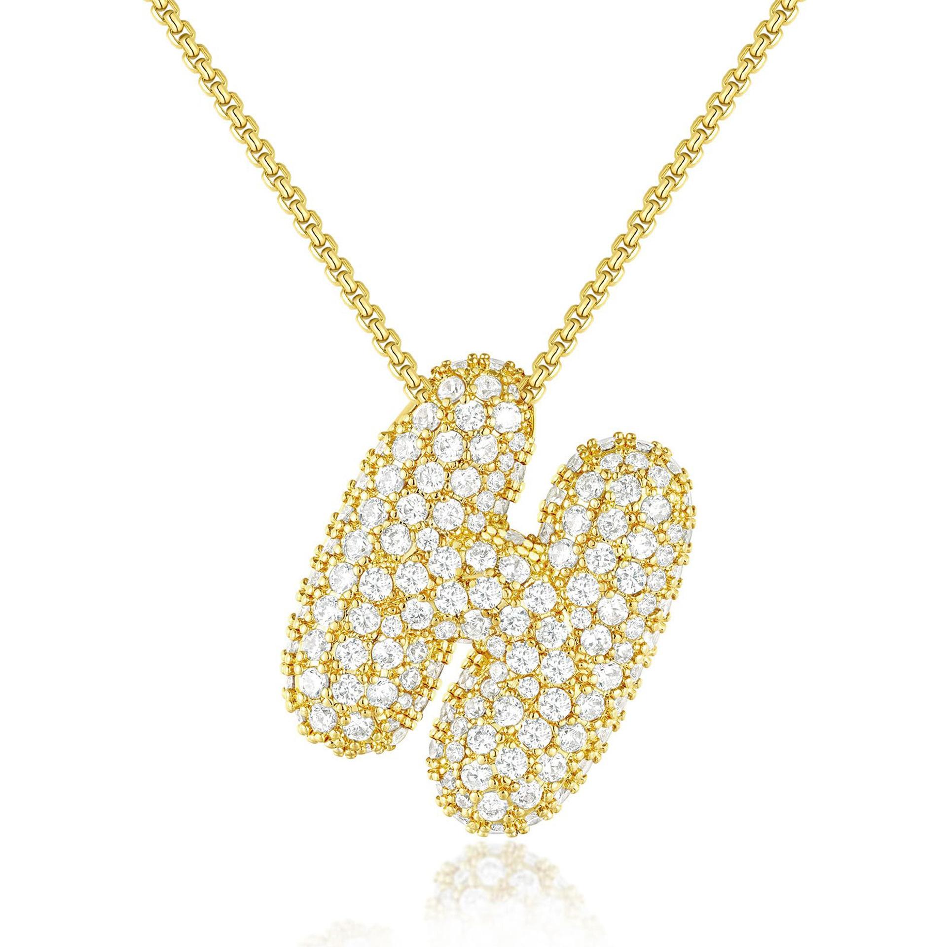 18K Gold Plated Waterproof Thick Bubble Alphabet Letter Clavicle Choker Necklace Sparkling Rhinestone Balloon Initial Gold