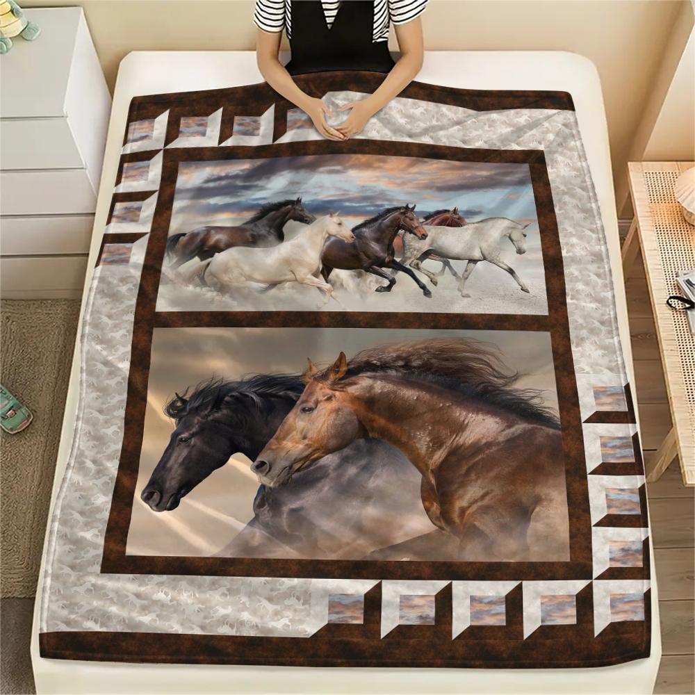 1Pc Horse Puzzle Print Flannel Blanket, High quality Comfortable for All Seasons, Home Decor, Warmth and Comfort, Perfect for Christmas Gifts