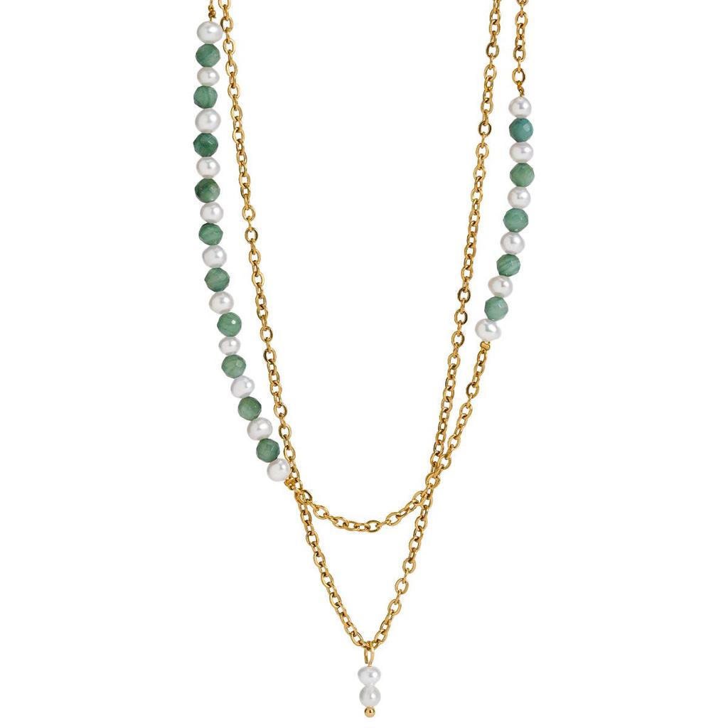 Elegant Double-Layered Colored Natural Stone & Pearl Necklace with Titanium Steel Clavicle Chain