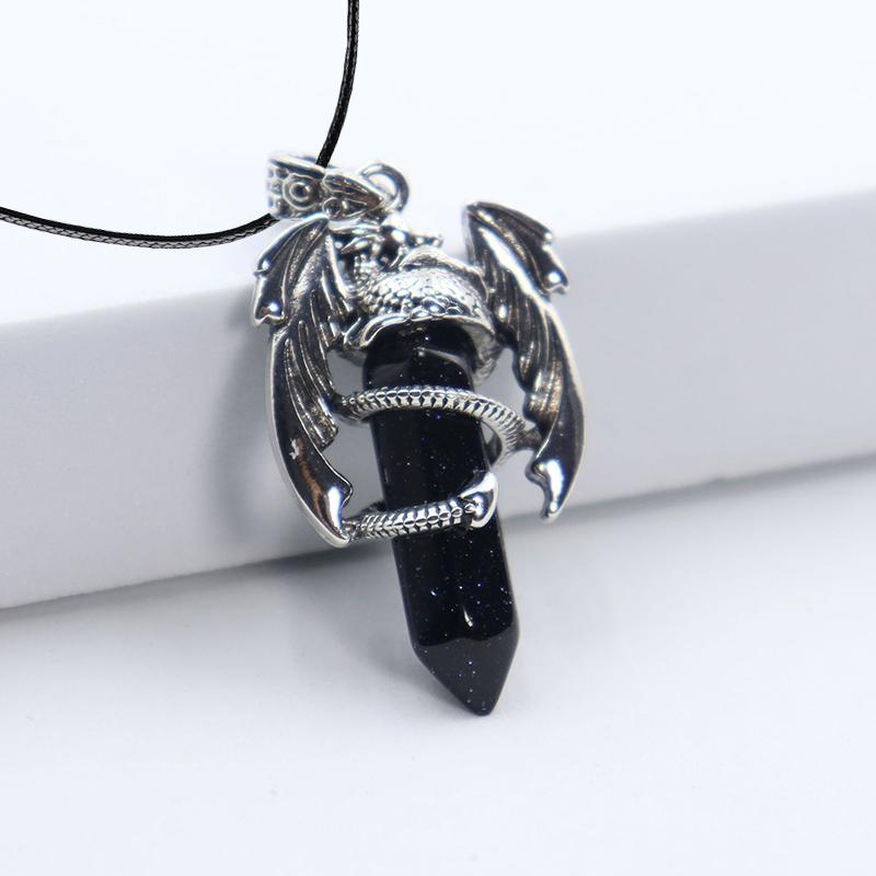 Animal Dragon Man Necklace Natural Gem Stone Healing Pink Quartz Hexagonal Crystal Pendant Vintage Jewelry for Women Gift