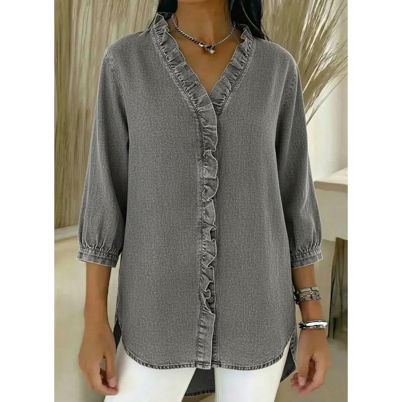 2026 Ladies Casual Imitation Denim V-Neck Ruffle Shirt
