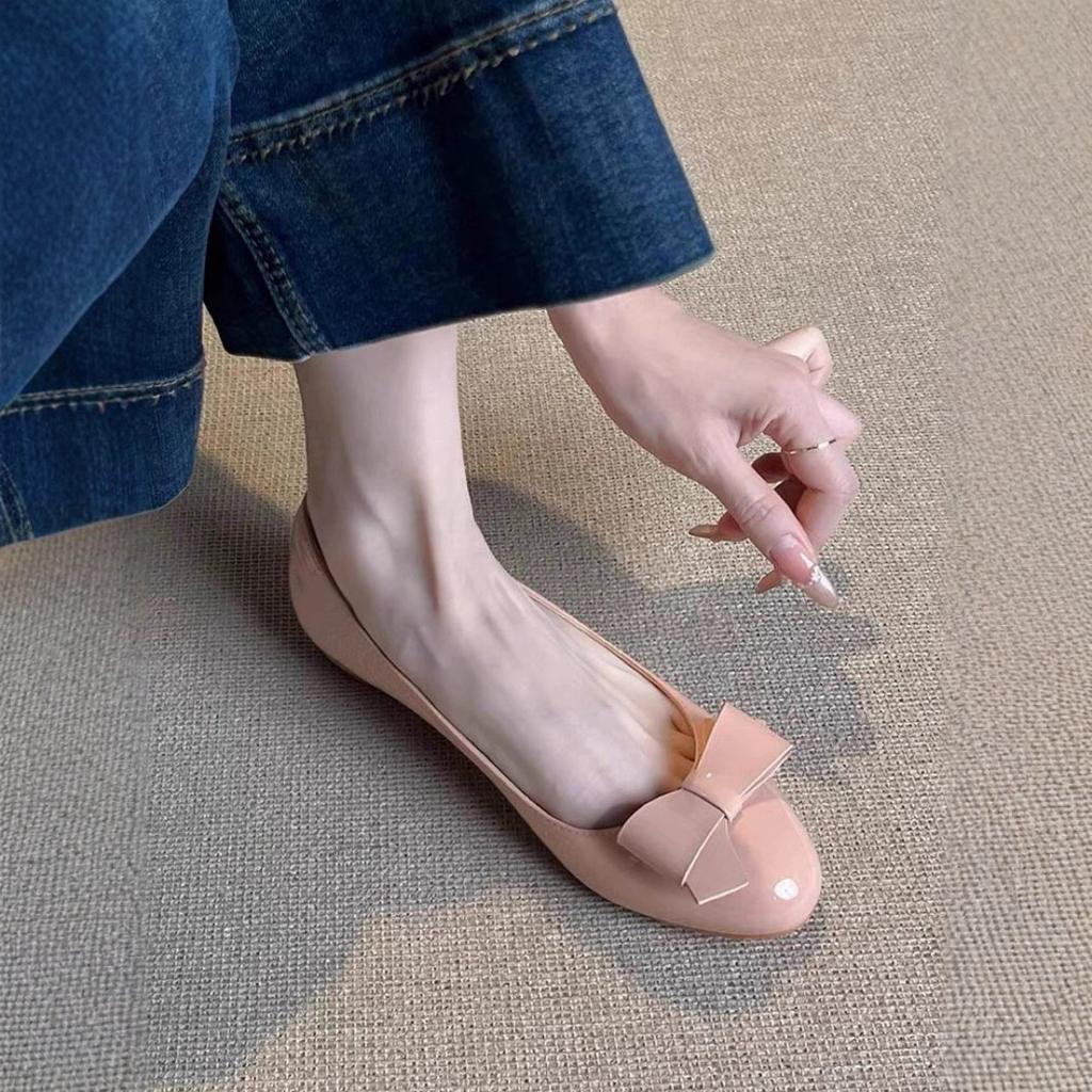 New Cowhide Version French Bow Flat-soled Single Shoes Women's Round Head Inner Height Increase Pedal Versatile Mary Jane Shoes