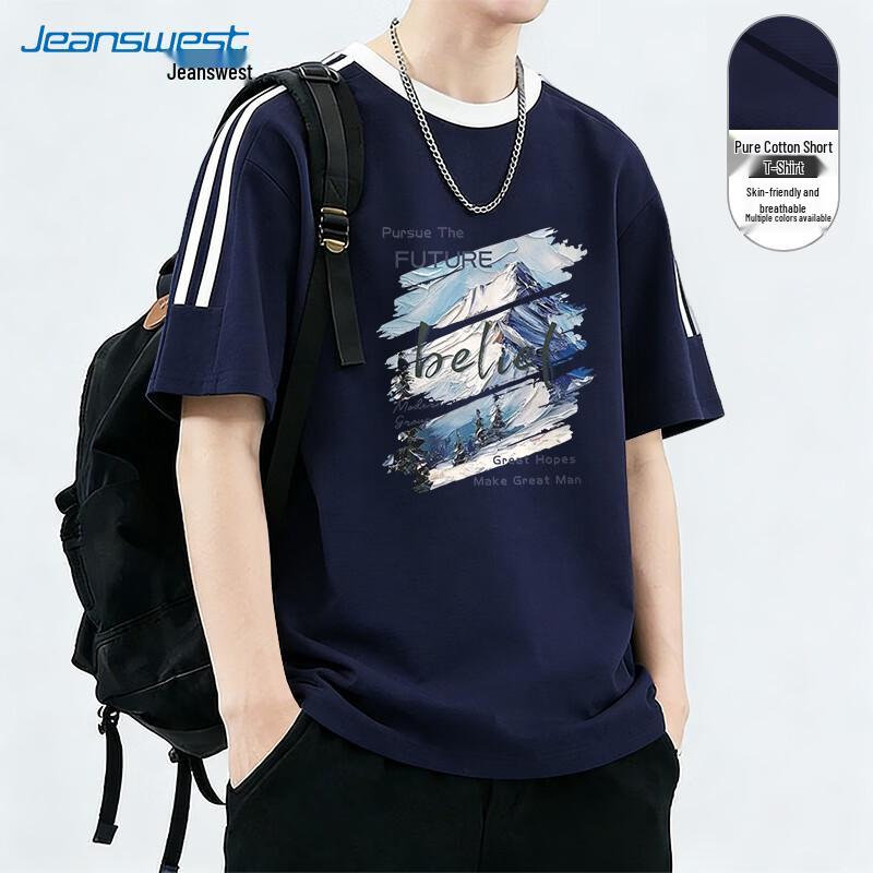 Jeanswest Men s Heavyweight Cotton T-Shirt with American Two-Stripe & Snow Mountain Print M