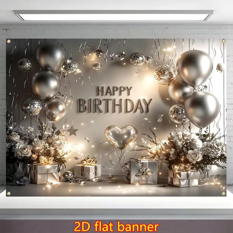 2D Silver Happy Birthday Backdrop, Metallic Balloon Floral Party Photography Background
