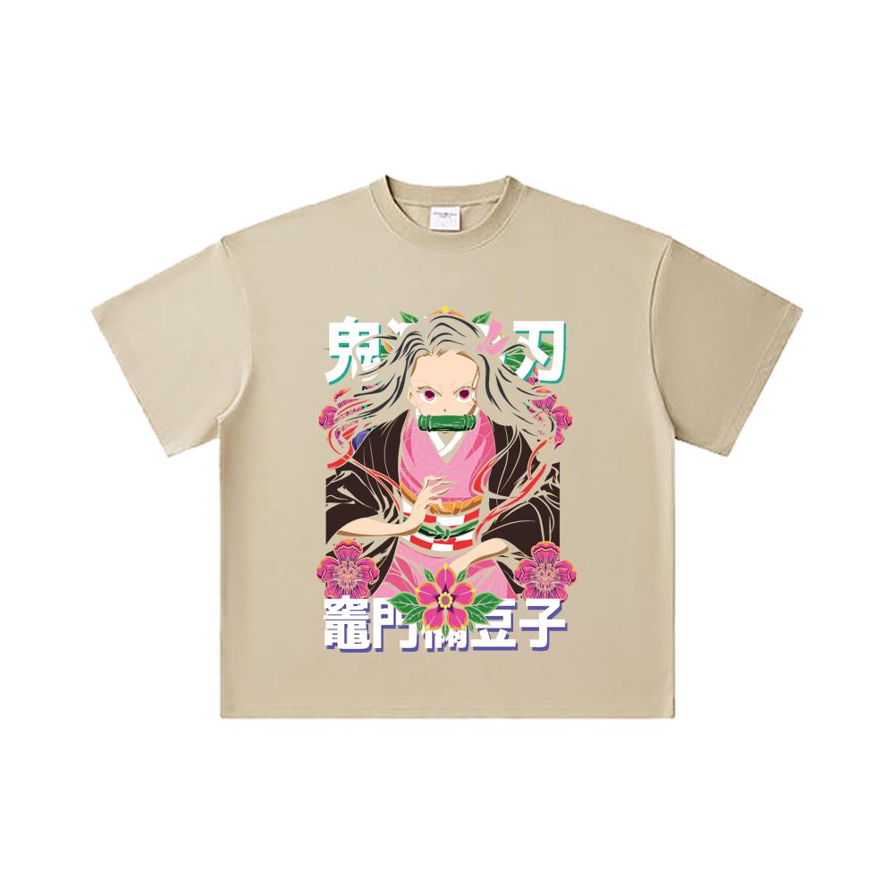 260 GSM Double Yarn 32 Count 100% Cotton Demon Slayer V70 Nezuko Flower Print Unisex Heavy Cotton T Shirt