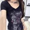 2025 Women's Retro Black Print V-neck Slimming Waist-cinching Casual Top