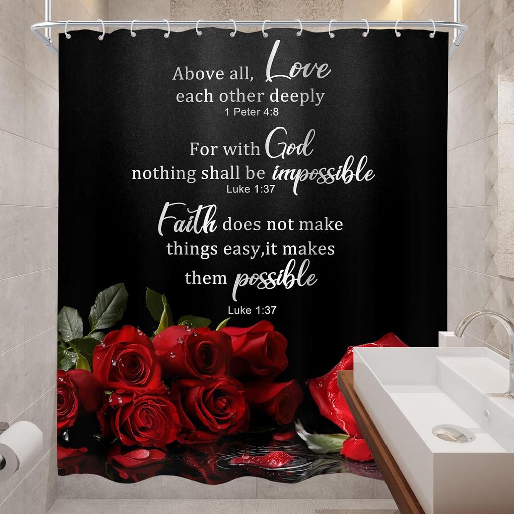 Red Roses Christian Bible Verse Shower Curtain Faith Love God Quote Black Background Religious Bathroom Decor Inspirational Home