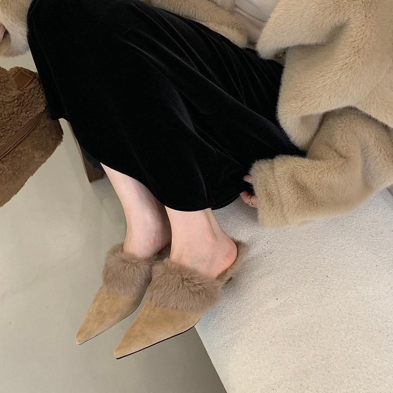 2025 Autumn and Winter New Pointed Head Thin Heel European and American Fashion High Heel Fine Heel Slippers Bag Head Empty Women's Shoes