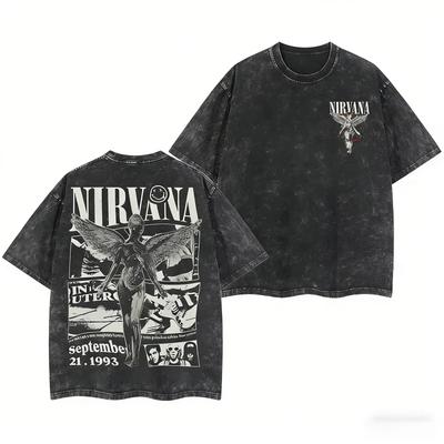 T-shirt Rock Cotone Grafica Oversize Vintage Lavata a Doppia Faccia Banda Nirvana