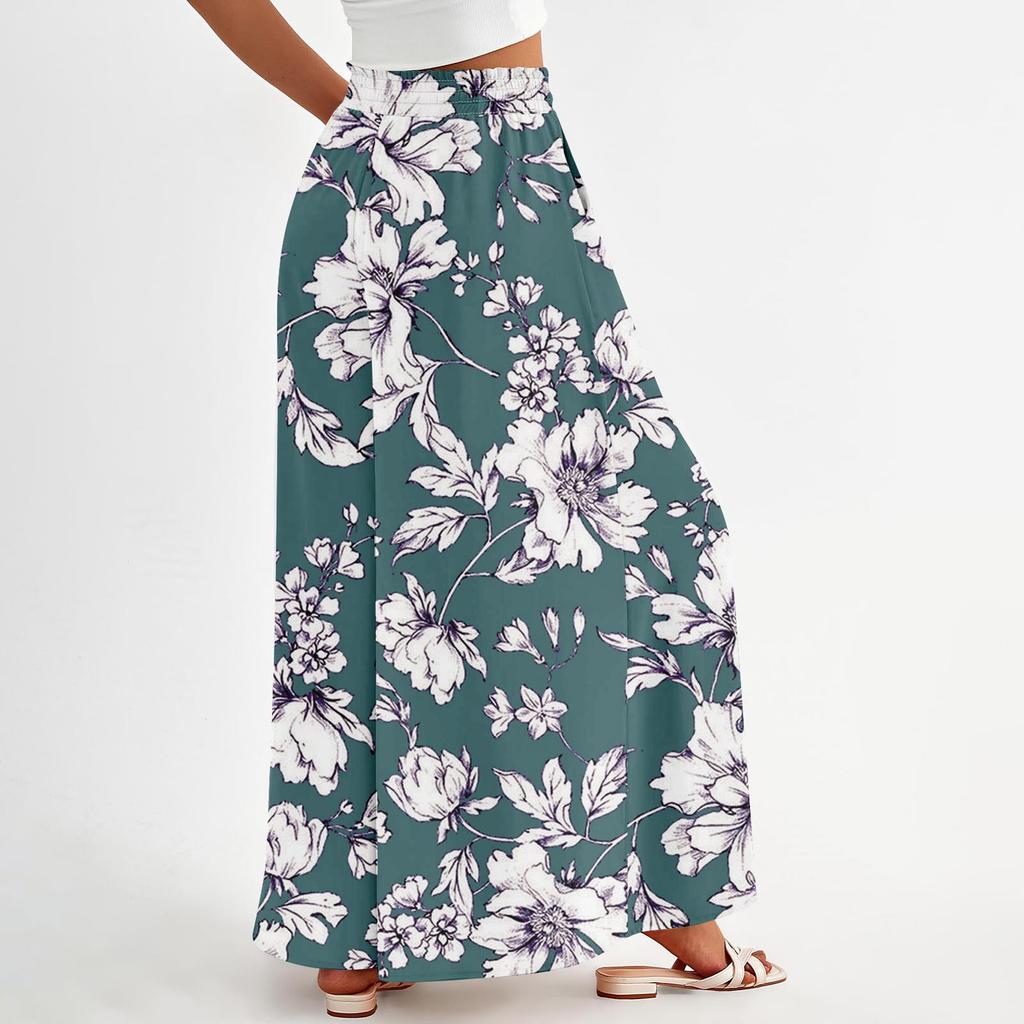 Women's High Waisted Wide Leg Pants Summer Casual Flowing Pocket Wide Leg Pants Floral Print Beach Pants