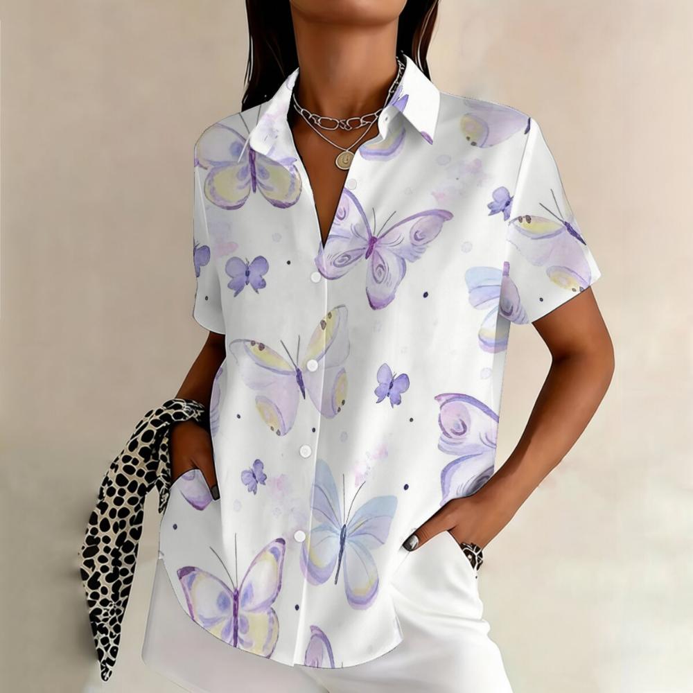 Minimally personalized mixed dye line printed women's short sleeved lapel shirt, summer fashion daily versatile casual top