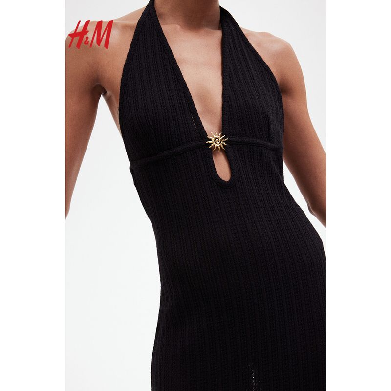 

HM Women s Clothing Halterneck Dress 2025 Summer New V-neck Soft Mesh Knitting Slim Fit Long Dress 1278400 Black 175/116