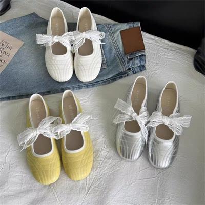 Fashion 2025 New Simple Single Shoes Women's New Round Toe Shallow Mouth Lace Butterfly Knot Soft Knot Mary Jane Flat Single Shoes
