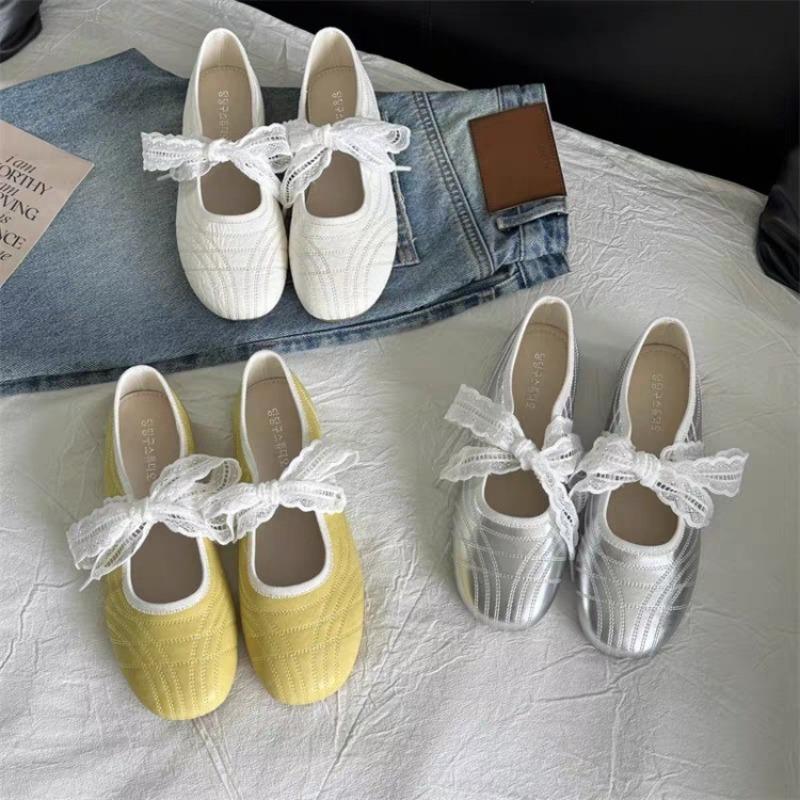 Fashion 2025 New Simple Single Shoes Women's New Round Toe Shallow Mouth Lace Butterfly Knot Soft Knot Mary Jane Flat Single Shoes