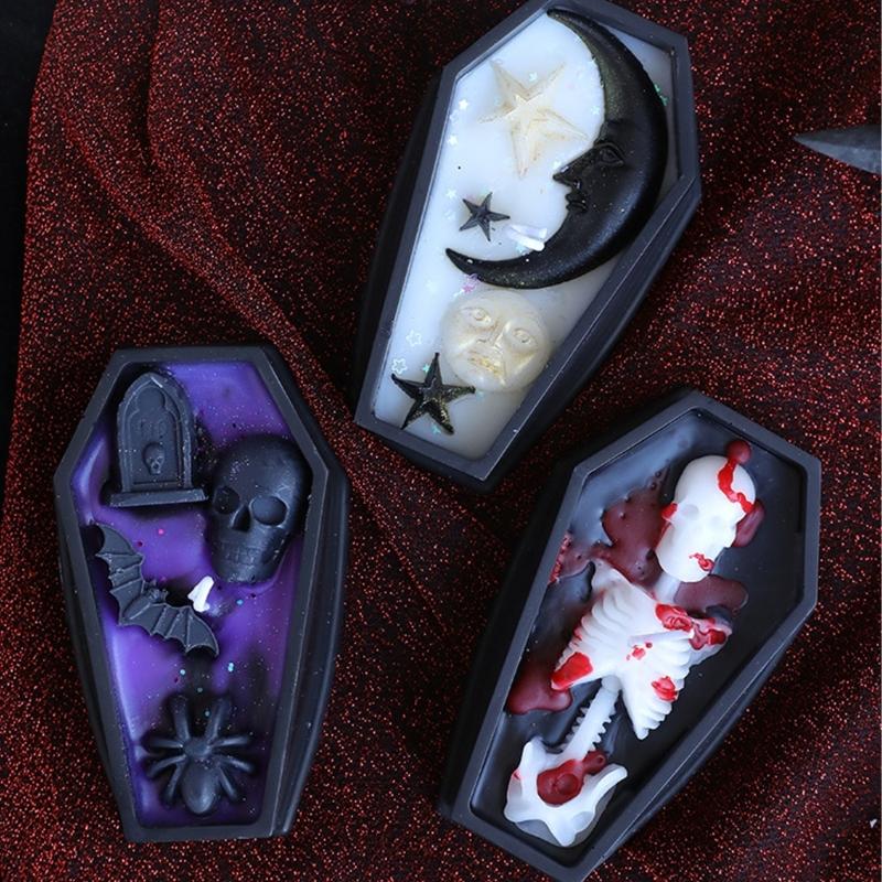 Svíčka do rakve s rostlinnou směsí a detailem náhrobku s lebkou Dlouhá doba hoření Ideální pro halloweenské řemesla a dárky