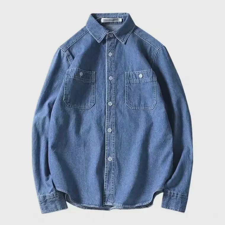 Men's Japanese Retro Denim Long-Sleeve Casual Shirt Jacket for Autumn