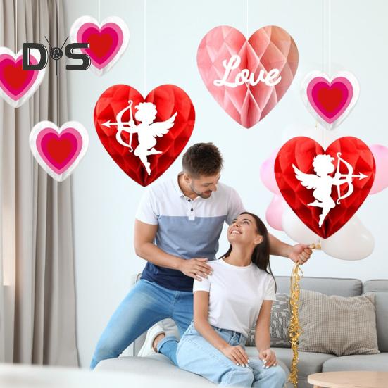 6Pcs Valentine's Day Heart Ornament Paper Honeycomb Hanging Decoration Romantic Red Pink Love Heart Centerpieces for Party Supplies